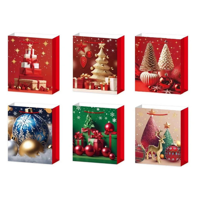 6 Pungi Cadou, Imprimeu Tematica Brad de Craciun, Model Random, din Hartie, Impachetare Usoara a Cadourilor