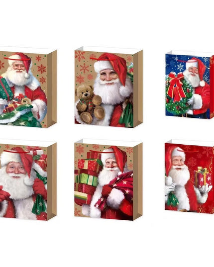 6 Pungi Cadou, Imprimeu Tematica Mos Craciun, Model Random, din Hartie, Impachetare Usoara a Cadourilor,