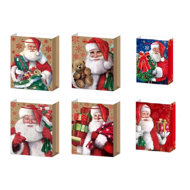 6 Pungi Cadou, Imprimeu Tematica Mos Craciun, Model Random, din Hartie, Impachetare Usoara a Cadourilor
