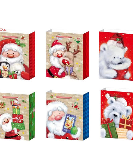 6 Pungi Cadou, Imprimeu Tematica Mos Craciun si Ursuleti, Model Random, din Hartie, Impachetare Usoara a Cadourilor