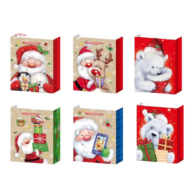 6 Pungi Cadou, Imprimeu Tematica Mos Craciun si Ursuleti, Model Random, din Hartie, Impachetare Usoara a Cadourilor