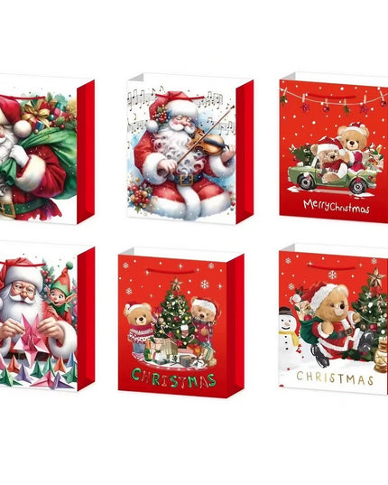 6 Pungi Cadou, Imprimeu Tematica Mos Craciun, Ursuleti, Brazi, Model Random, din Hartie, Impachetare Usoara a Cadourilor,