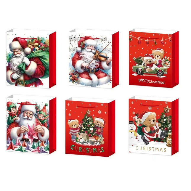 6 Pungi Cadou, Imprimeu Tematica Mos Craciun, Ursuleti, Brazi, Model Random, din Hartie, Impachetare Usoara a Cadourilor