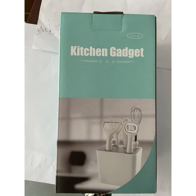 6 ustensile bucatarie cu suport inclus, desfacator, curatator legume, foarfeca, cutit, tel, ABS si inox