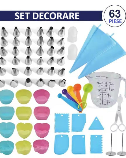 63 Piese Ustensile pentru Ornare Prajituri, din Plastic si Otel Inoxidabil, Forme Briose