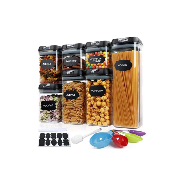 7 Recipiente Organizare Alimente, Inchidere Etansa, Etichete Reutilizabile, Cupe Masurare, 4 Dimensiuni Diferite, din Plastic Dur