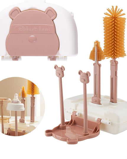 Set 7 Piese de Spalat/Uscat Biberoane, Portabil, Peri de Silicon, pentru Tetine, Suzete, Biberoane, Paie, Cutie Inclusa, 16 x 11 x 5 cm, Model Ursulet