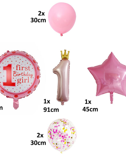 Set 8 Baloane din Folie Metalizată si din Latex, Figurine Cifra 1 Printesa 91cm, Stea 45 cm si Cerc 55 cm, Baloane Latex 30 cm, Tema Prima Aniversare, Ambalaj Individual, Pai Inclus, Umflare cu Aer sau Heliu