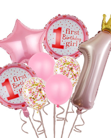Set 8 Baloane din Folie Metalizată si din Latex, Figurine Cifra 1 Printesa 91cm, Stea 45 cm si Cerc 55 cm, Baloane Latex 30 cm, Tema Prima Aniversare, Ambalaj Individual, Pai Inclus, Umflare cu Aer sau Heliu