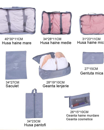 8 huse organizare bagaj material poliester, impermeabil, cu fermoar, pentru calatorii sau dulap, sac pentru pantofi inclus, pliabil