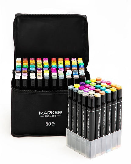 Set 80 Markere, pe Baza de Alcool, Dublu Capat, Subtire 1mm si Gros 6 mm, Geanta Depozitare, 15 cm