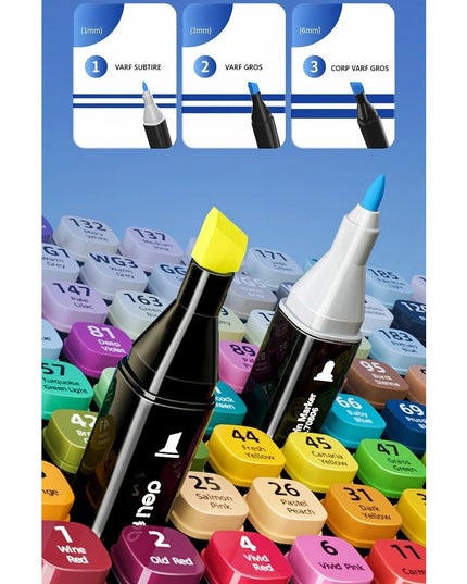 Set 80 Markere, pe Baza de Alcool, Dublu Capat, Subtire 1mm si Gros 6 mm, Geanta Depozitare, 15 cm