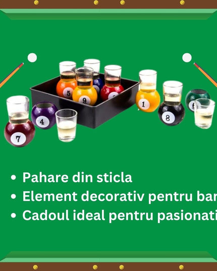 9 pahare de shot cu suport tip bila de biliard, detasabil, 30 ml, din sticla