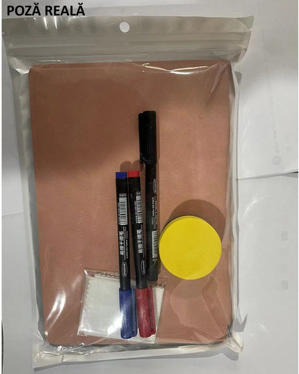 Agenda A5 Reutilizabila cu Pagini Tip Tabla, Agenda Pagini Albe cu Stergere Uscata, 3 Markere, 1 Burete și 1 Laveta de sters, Portabila,Coperta Piele