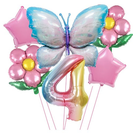 Set baloane aniversare cu numere, din folie de aluminiu, 6 piese, 2 flori, 2 stelute, 1 fluture, 1 cifra,Cifra 4