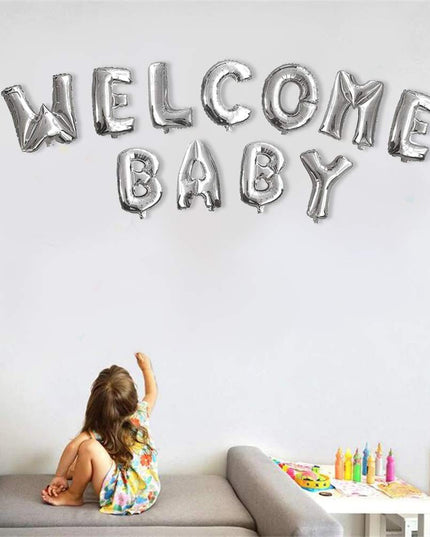 Set Baloane din Folie Metalizata, Figurine Litere, Model Welcome Baby, Tema Aniversare, 40 cm, Ambalaj Individual, Pai inclus, Umflare cu Aer sau Heliu