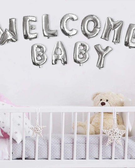 Set Baloane din Folie Metalizata, Figurine Litere, Model Welcome Baby, Tema Aniversare, 40 cm, Ambalaj Individual, Pai inclus, Umflare cu Aer sau Heliu