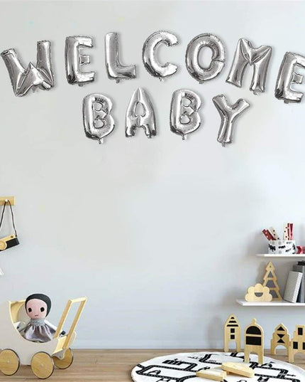 Set Baloane din Folie Metalizata, Figurine Litere, Model Welcome Baby, Tema Aniversare, 40 cm, Ambalaj Individual, Pai inclus, Umflare cu Aer sau Heliu