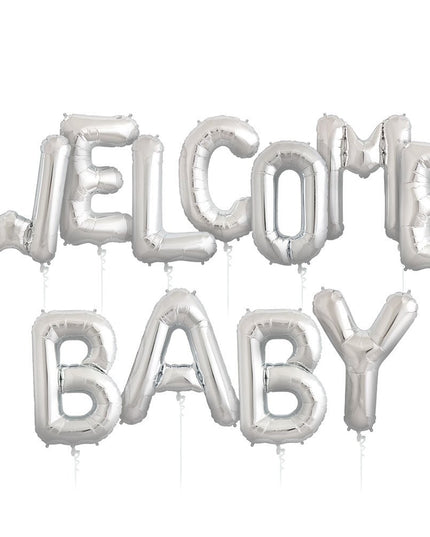 Set Baloane din Folie Metalizata, Figurine Litere, Model Welcome Baby, Tema Aniversare, 40 cm, Ambalaj Individual, Pai inclus, Umflare cu Aer sau Heliu