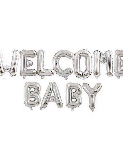 Set Baloane din Folie Metalizata, Figurine Litere, Model Welcome Baby, Tema Aniversare, 40 cm, Ambalaj Individual, Pai inclus, Umflare cu Aer sau Heliu