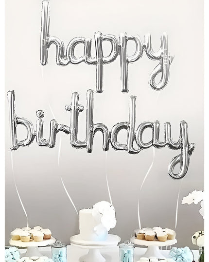 Set Baloane din Folie Metalizată, Model Happy Birthday, 45x85 cm, 45x124cm, Baloane Party, Ambalaj Individual, Pai inclus, Umflare cu Aer sau Heliu