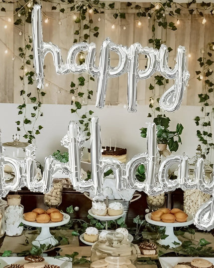 Set Baloane din Folie Metalizată, Model Happy Birthday, 45x85 cm, 45x124cm, Baloane Party, Ambalaj Individual, Pai inclus, Umflare cu Aer sau Heliu