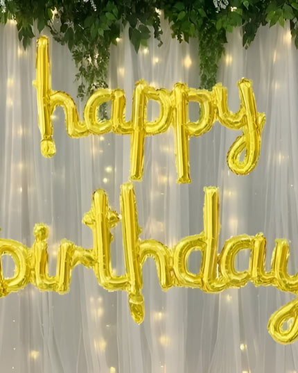 Set Baloane din Folie Metalizată, Model Happy Birthday, 45x85 cm, 45x124cm, Baloane Party, Ambalaj Individual, Pai inclus, Umflare cu Aer sau Heliu, Gold