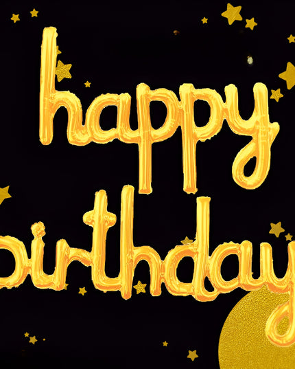 Set Baloane din Folie Metalizată, Model Happy Birthday, 45x85 cm, 45x124cm, Baloane Party, Ambalaj Individual, Pai inclus, Umflare cu Aer sau Heliu, Gold