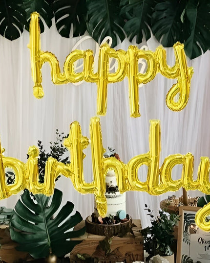 Set Baloane din Folie Metalizată, Model Happy Birthday, 45x85 cm, 45x124cm, Baloane Party, Ambalaj Individual, Pai inclus, Umflare cu Aer sau Heliu, Gold