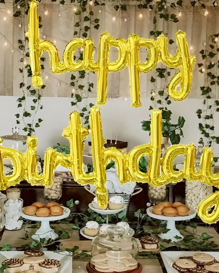 Set Baloane din Folie Metalizată, Model Happy Birthday, 45x85 cm, 45x124cm, Baloane Party, Ambalaj Individual, Pai inclus, Umflare cu Aer sau Heliu, Gold