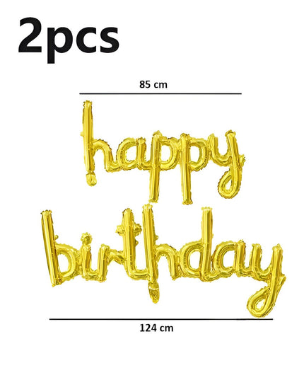 Set Baloane din Folie Metalizată, Model Happy Birthday, 45x85 cm, 45x124cm, Baloane Party, Ambalaj Individual, Pai inclus, Umflare cu Aer sau Heliu, Gold