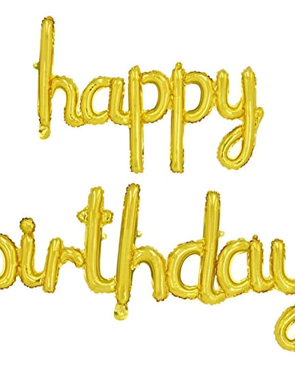 Set Baloane din Folie Metalizată, Model Happy Birthday, 45x85 cm, 45x124cm, Baloane Party, Ambalaj Individual, Pai inclus, Umflare cu Aer sau Heliu, Gold