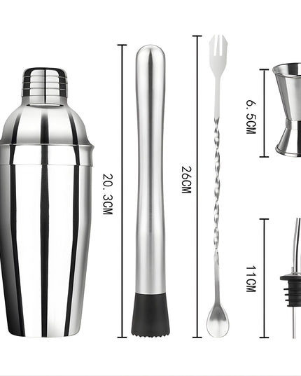 Set Barman Preparare Cocktail, 6 Piese, Inox,Kit Accesorii Bar si Mixologie: Shaker750ml, Masura dubla, Pistil, Lingura barman, 2 Picuratoare
