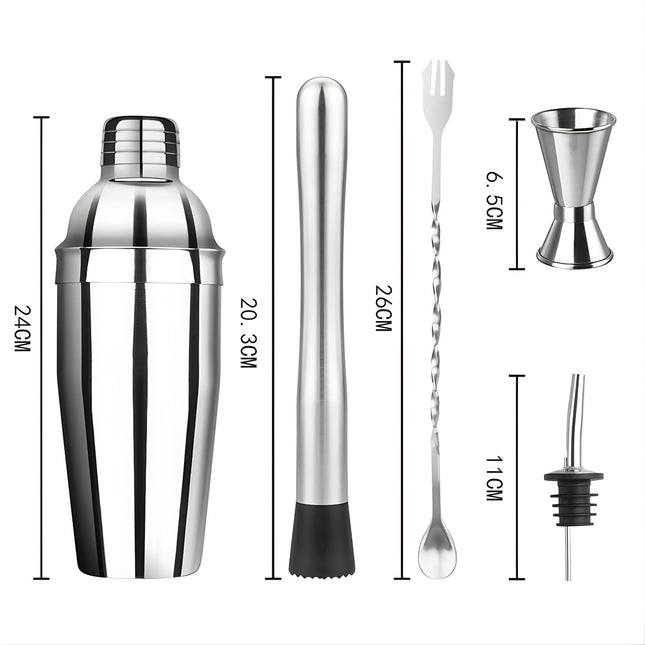 Set Barman Preparare Cocktail, 6 Piese, Inox,Kit Accesorii Bar si Mixologie: Shaker750ml, Masura dubla, Pistil, Lingura barman, 2 Picuratoare