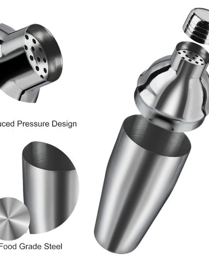 Set Barman Preparare Cocktail, 6 Piese, Inox,Kit Accesorii Bar si Mixologie: Shaker750ml, Masura dubla, Pistil, Lingura barman, 2 Picuratoare