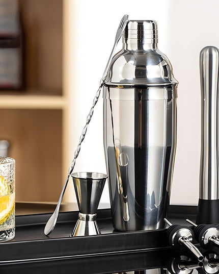 Set Barman Preparare Cocktail, 6 Piese, Inox,Kit Accesorii Bar si Mixologie: Shaker750ml, Masura dubla, Pistil, Lingura barman, 2 Picuratoare
