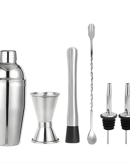 Set Barman Preparare Cocktail, 6 Piese, Inox,Kit Accesorii Bar si Mixologie: Shaker750ml, Masura dubla, Pistil, Lingura barman, 2 Picuratoare