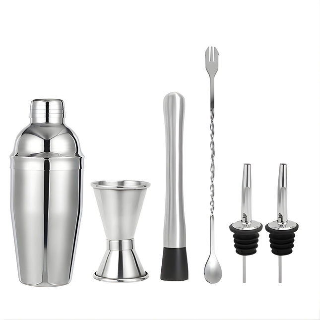 Set Barman Preparare Cocktail, 6 Piese, Inox,Kit Accesorii Bar si Mixologie: Shaker750ml, Masura dubla, Pistil, Lingura barman, 2 Picuratoare