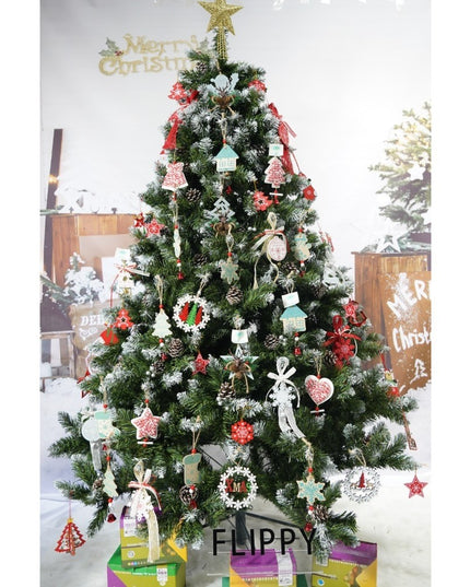 Set brad artificial de Craciun si elemente decorative, nins, decorat cu conuri pin, pentru perete/colt, inaltime 210 cm, diametru 149 cm, 1224 ramuri,suport metalic inclus