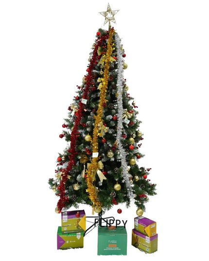 Set brad artificial de Craciun si elemente decorative, nins, decorat cu conuri pin rosii, inaltime 210 cm, diametru 106 cm, 643 ramuri,suport metalic inclus