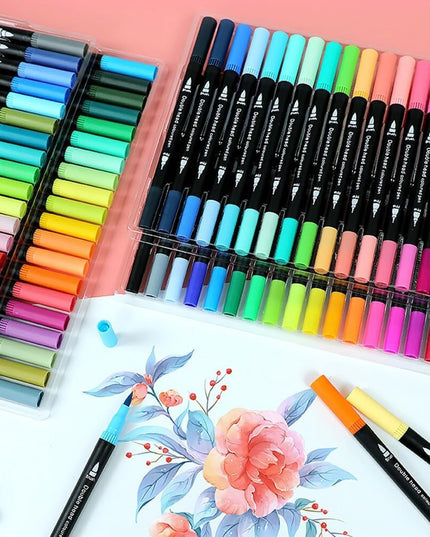Set Carioci pe Baza de Apa, 2 in 1, pentru Pictura, Caligrafie, 72 Culori, Penar , Corp Carioca , 24.5 x 18.5 x 5 cm