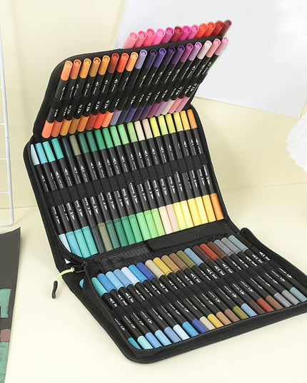 Set Carioci pe Baza de Apa, 2 in 1, pentru Pictura, Caligrafie, 72 Culori, Penar , Corp Carioca , 24.5 x 18.5 x 5 cm