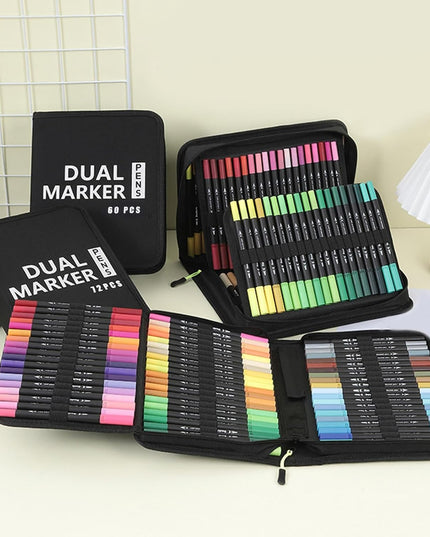Set Carioci pe Baza de Apa, 2 in 1, pentru Pictura, Caligrafie, 72 Culori, Penar , Corp Carioca , 24.5 x 18.5 x 5 cm