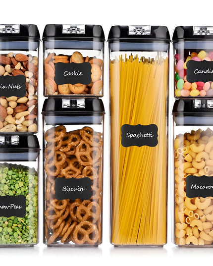 Cutii de Depozitare a Alimentelor, 7 Recipiente, 10 Etichete Reutilizabile, 4 Linguri, pentru Bucatarie, Spatula, Etansare, Fara BPA, Transparente, Capac