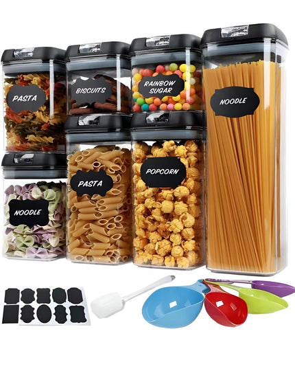 Cutii de Depozitare a Alimentelor, 7 Recipiente, 10 Etichete Reutilizabile, 4 Linguri, pentru Bucatarie, Spatula, Etansare, Fara BPA, Transparente, Capac