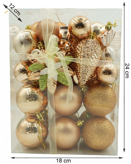 de 38 ornamente de brad, de tip Glob, Aramiu, din plastic, cu finisaj sclipitor , adancime x inaltime x lungime