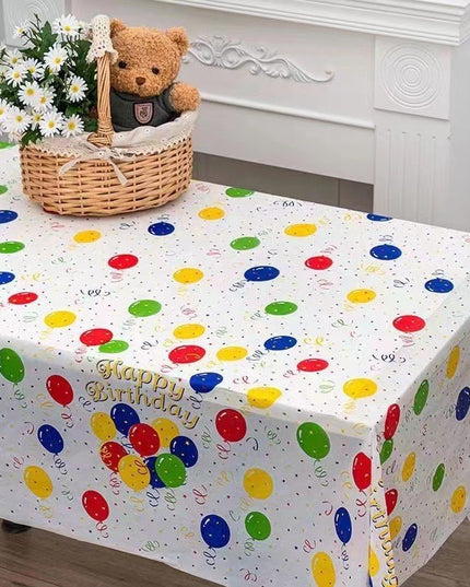 Fata de Masa, din PEVA, Imprimeu Happy Birthday cu Baloane,Impermeabila, Fara Pete, Curatare Rapida