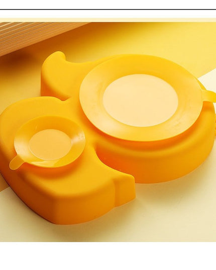 Set diversificare bebelusi din silicon, 20 x 17.5 cm, 1 farfurie compartimentata in forma de rata, lingurita si furculita, pai, perie pai, fara alergeni, ventuza fixare, forma creativa