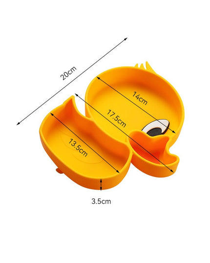 Set diversificare bebelusi din silicon, 20 x 17.5 cm, 1 farfurie compartimentata in forma de rata, lingurita si furculita, pai, perie pai, fara alergeni, ventuza fixare, forma creativa