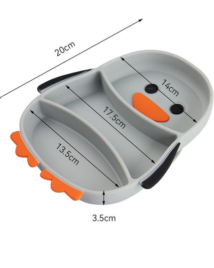 Set diversificare bebelusi din silicon, 23.5 x 12.5 cm, 1 farfurie compartimentata in forma de pinguin, lingurita si furculita, pai, perie pai, fara alergeni, ventuza fixare, forma creativa